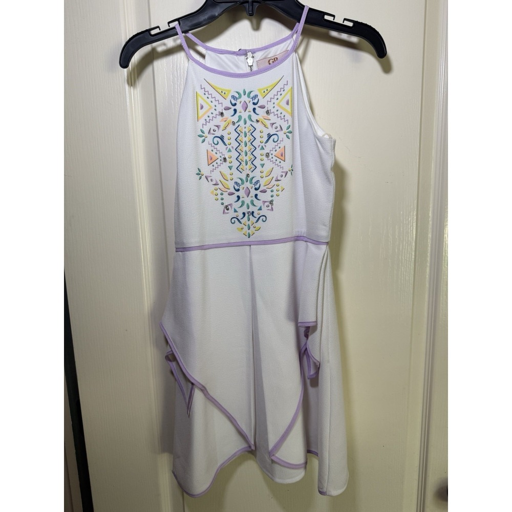 GB Girls Size 8 White Handkerchief Hem Dress Embellished Sleeveless Party Summer - Picture 1 of 10